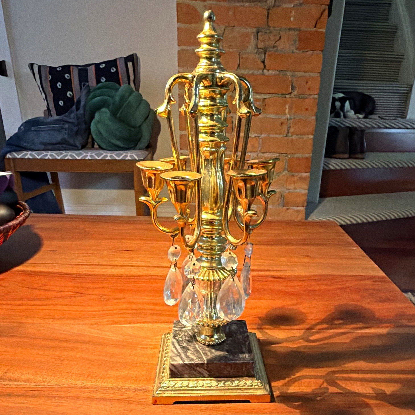 Dilly Mfg. Co. Gold-Tone 6-Arm Candelabra Crystal Prisms Marble Base