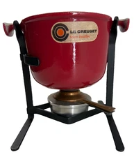Le Creuset Table Top Fondue Set Red Cast Iron Enamel, Stand, Burner & Snuffer