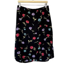 Hillard & Hanson black floral midi skirt side zip L rayon made in USA FLAWS