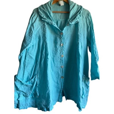 MATCH POINT USA 100% Linen Y2K Aqua Blue Lagenlook Oversized Top Jacket L/XL