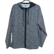 J. Jill Fit Women XL Floral Ful Zip Hooded Jacket Black White Activewear Pockets