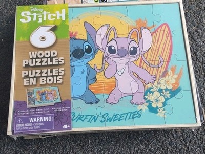 Disney Lilo Stitch STITCH & ANGEL 6 Wood Jigsaw Puzzle Bundle in Storage Box NEW