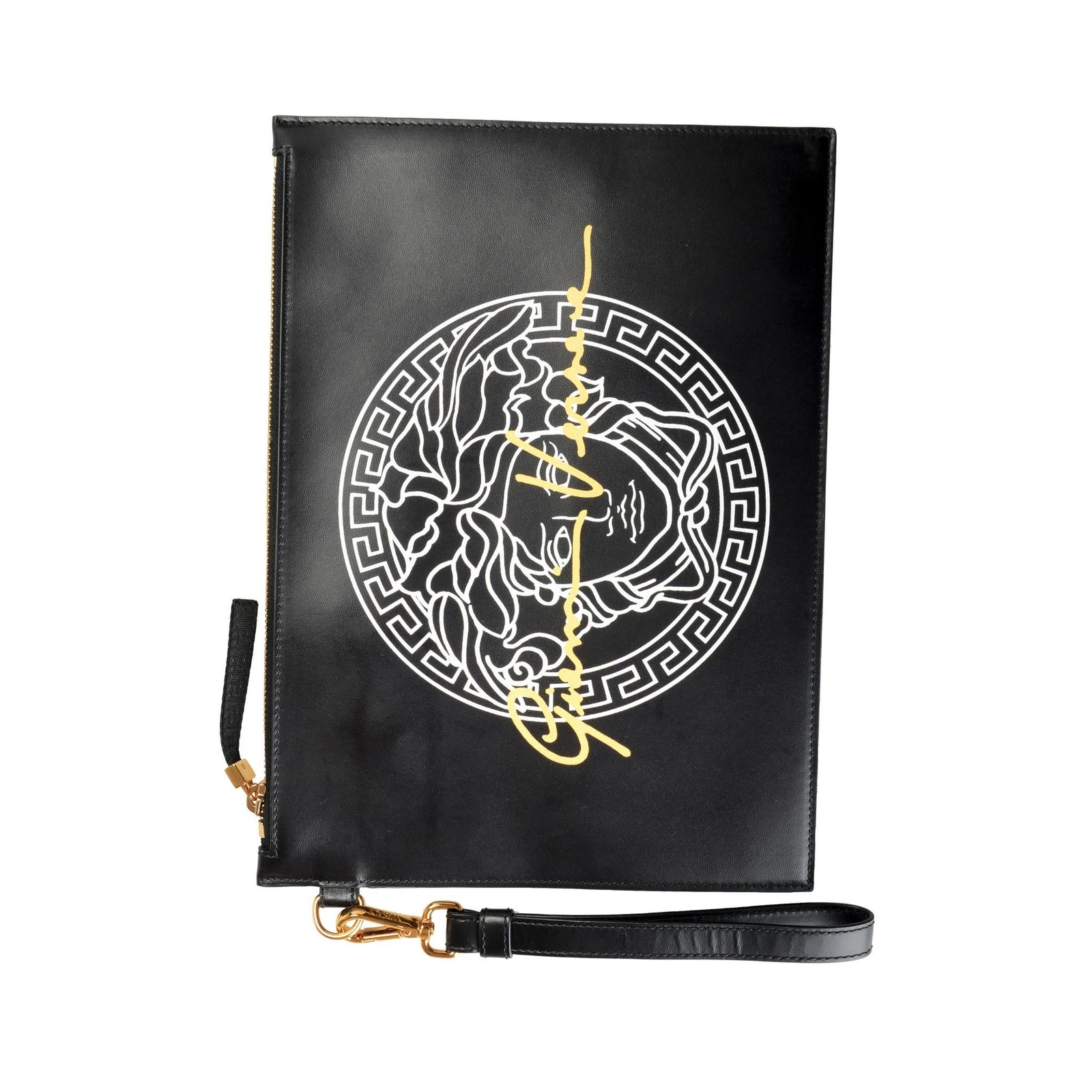 Versace — Versace Black 100% Leather Medusa Logo Print Large Wristlet Clutch