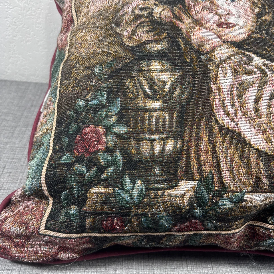 Donna Richardson Tapestry Throw Pillow 16”x16” Girl Angel Red Roses Double Sided - Image 4 of 4