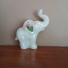 Vintage Fenton Elephant Glass Figurine Opalescent White 4" Pink Rose Leaf Signed