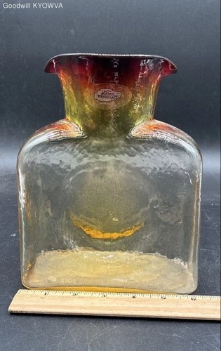 Blenko Amberina Hammered Glass Vase Red Amber Flared Top