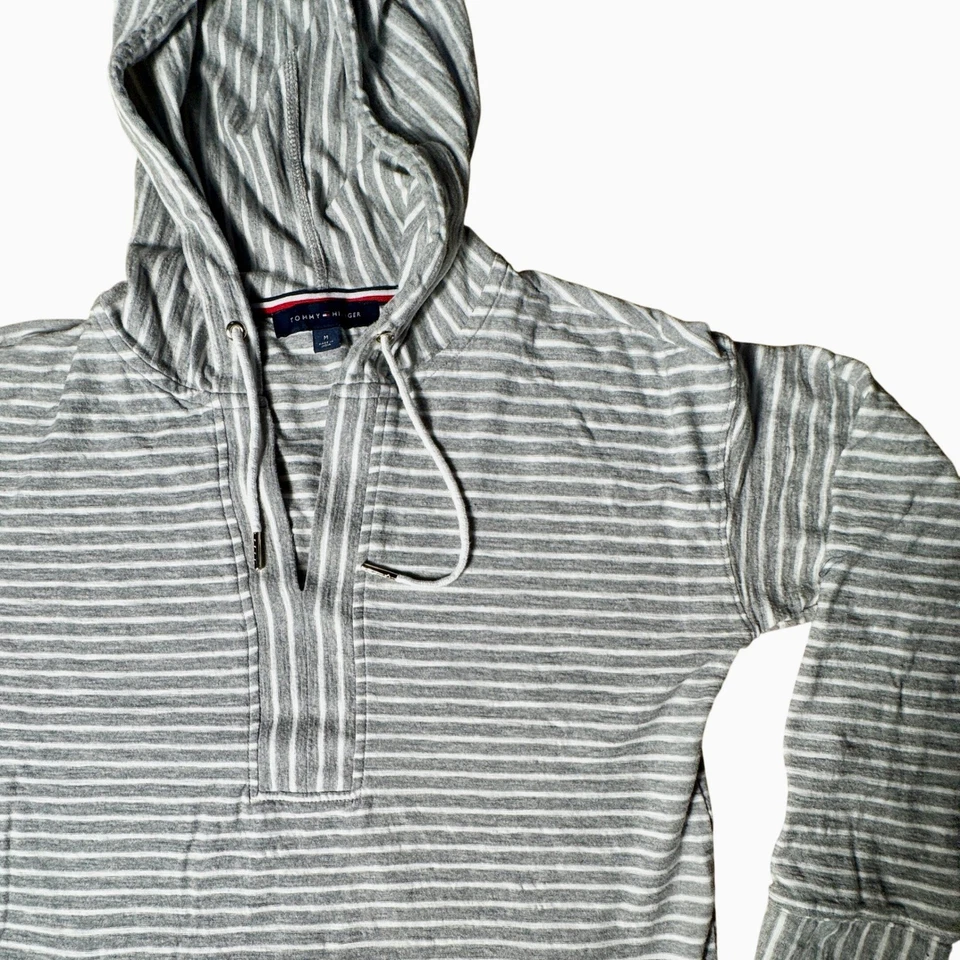 Tommy Hilfiger Med. Hoodie Striped Gray White 90's Long Sleeve Pullover Womens - Image 2 of 4