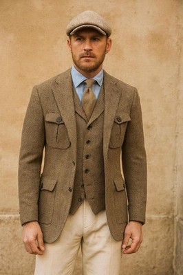 Outdoor Fischgrät Herren Safari Jacke Anzüge Vintage Tweed Mantel Freizeit Slim Fit
