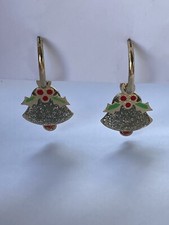 Christmas Bell Dangle Gold Tone Earrings Multi Layer Red Green Holly Berry