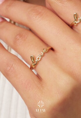 14K Gold Liebesring, Kursiver Liebeswort Siegelring, Vorsteckring Liebesring, zierlich