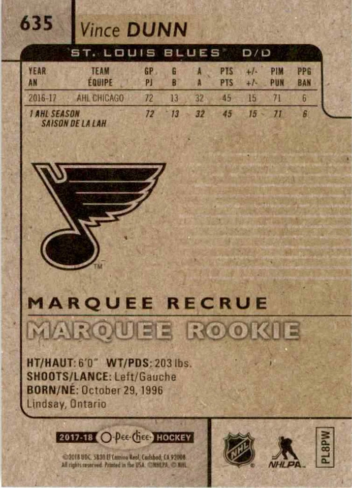 2017-18 O-Pee-Chee Marquee Rookie Vince Dunn RC #635 - Image 2 of 2