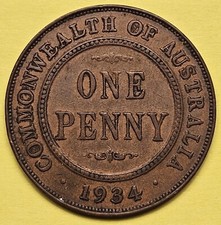 1934 Australia One Penny Coin 1 Penny - King George V