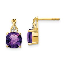 14K Yellow Gold Checkerboard Amethyst and Diamond Earrings