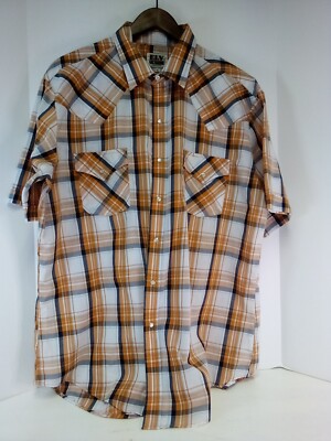 Ely Cattleman Mens sz  XL Western Pearl Snap Shirt Orange Plaid, Pre-owned 