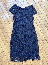 Alice + Olivia Dress 10 Clover Lace Open Back Knee Length Sheath Navy Blue Cap