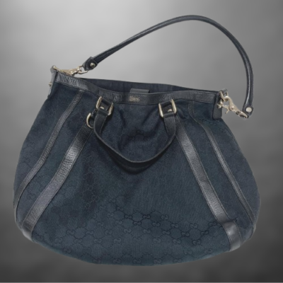 Authentic Gucci Abby GG Canvas One Shoulder Tote Bag Black Leather