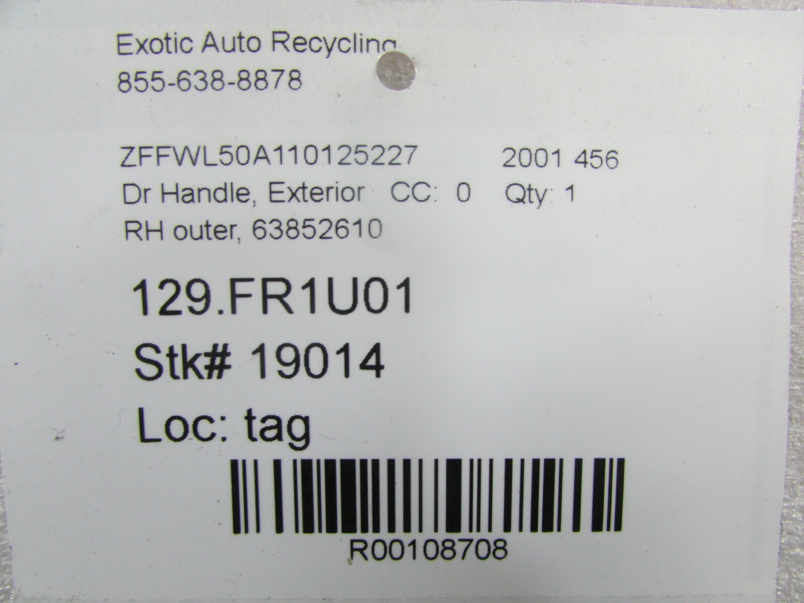 Ferrari 456 RH Right Outer Door Handle, Used, P/N 63852610