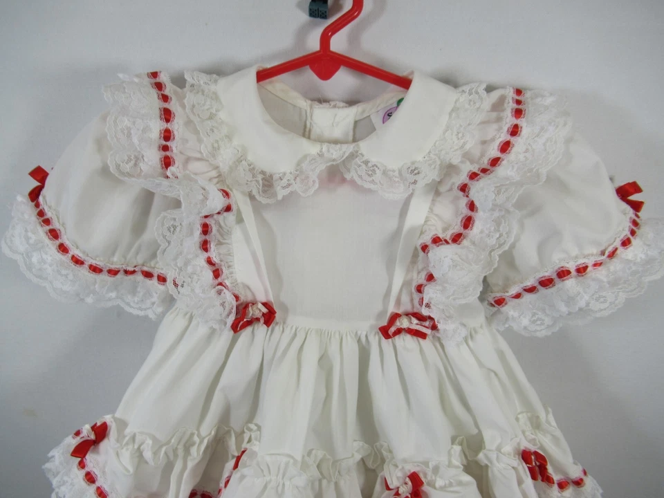 Vintage Sugar Plum Full Circle Frilly Dress Girls 2T Red/White Ruffle Lace Bows - Image 4 of 4