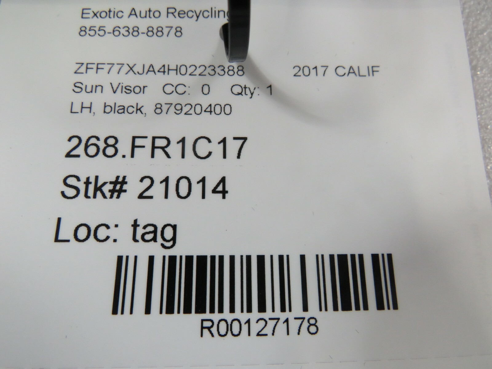 Ferrari California T, LH, Left, Sun Visor, Black, Used, P/N 87920400