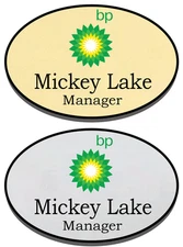 1 GOLD & 1 SILVER OVAL BP STATIONS PERSONALIZED NAME BADGES MAGNETIC FASTENER
