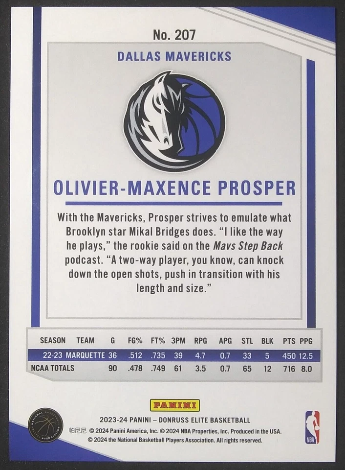 2023-24 Panini Donruss Elite Rookies /99 Blue #207 Olivier-Maxence Prosper RC SP - Image 4 of 4