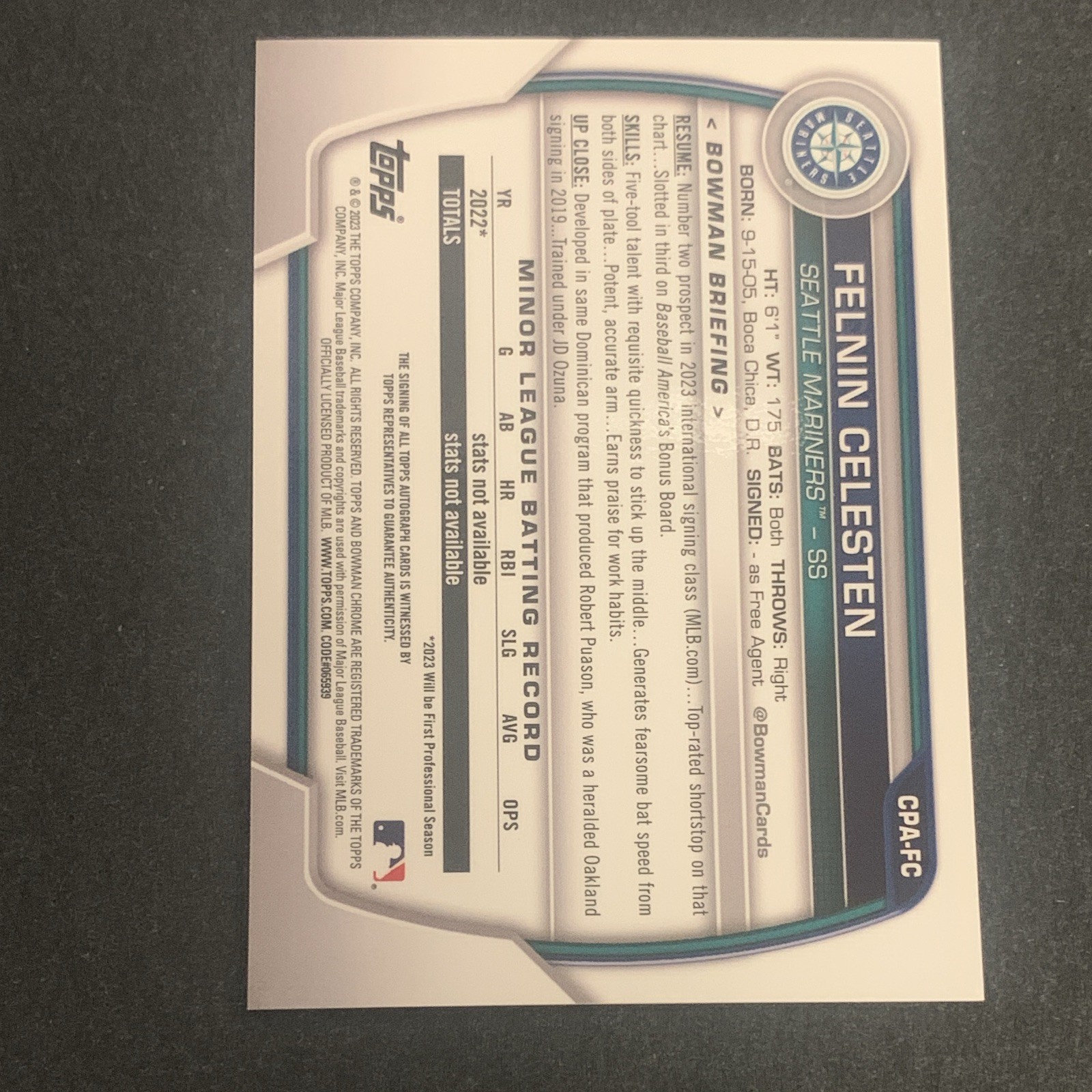 Topps 2023 Bowman Chrome 1st Bowman Felnin Celesten RC Auto #CPA-FC Mariners view 2