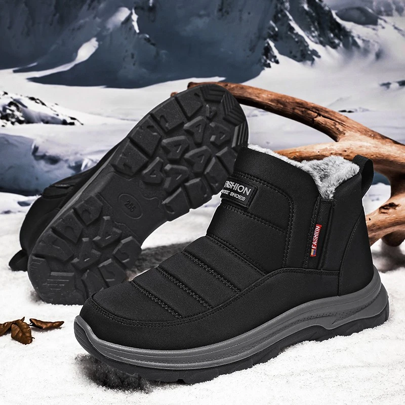 Botas de nieve impermeables aisladas para hombre cálidas de piel al aire libre zapatos de invierno negros al tobillo Foto 4 de 4