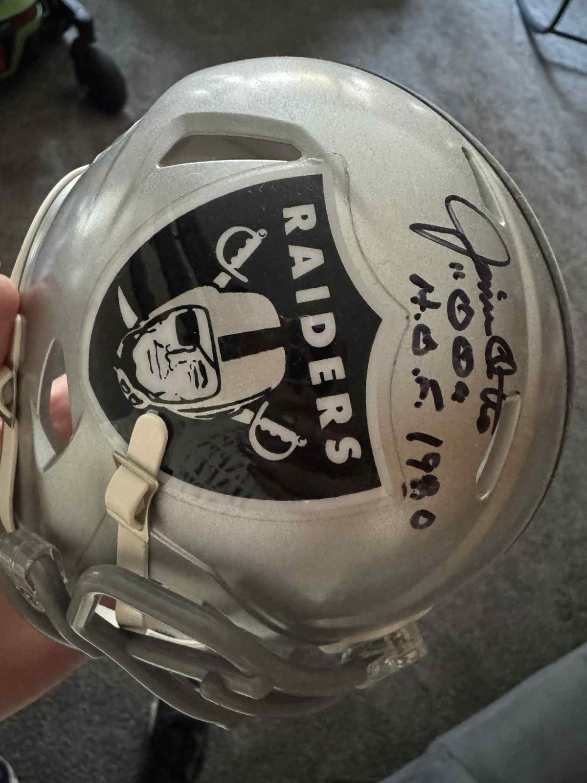 jim otto Autographed Signed Oakland Raiders Raiders Mini Helmet 1980 TRISTAR Holo, H.O.F. Inscription 