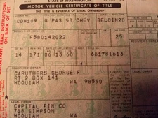 Vintage Title Historical Washington 1958 Chevrolet Belair Impala 2dr Document