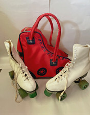 VINTAGE WOMENS GIRLS WHITE ROLLER DERBY SKATES SIZE 9 WITH RED BAG CASE