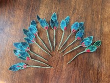 Vtg Lot 12 Lacquered Holly Leaves Red Berries Stem Picks Tie Ons Christmas