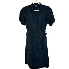 Athleta Playa Wrap Dress Black Linen Short Sleeve Size 8 Casual Breathable Beach