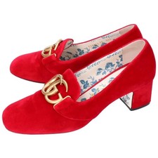 Gucci GG Marmont Velvet Chunky Heel Pumps Red Women's Size EU38/US8