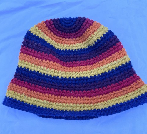 Small Brim Rainbow Bucket Hat Handmade Crochet Boho Hippie 90’s Retro Festival