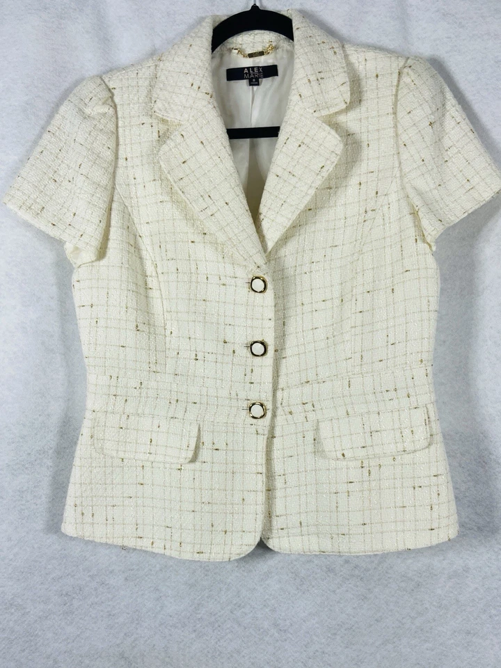 Alex Marie 2PC Skirt Suit Womens 8 Beige Blazer Long Sleeves Shimmer Tweed - Image 3 of 4