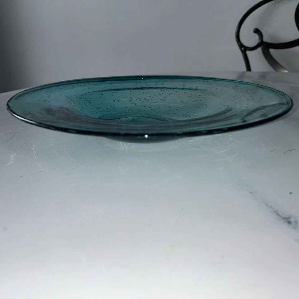 "Tazón grande de vidrio artístico soplado a mano turquesa para servir decoración charcutería 12,25""Dx2""" Foto 3 de 4