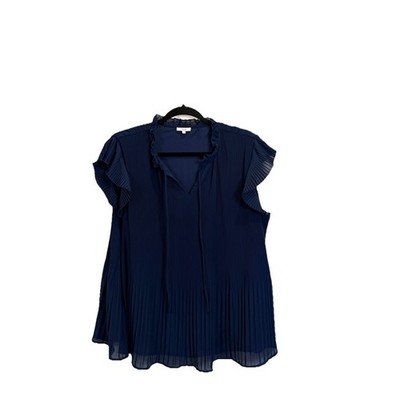 Voy All In The Pleats Blouse Size Large Navy Blue Short Sleeve Pleated Flowy
