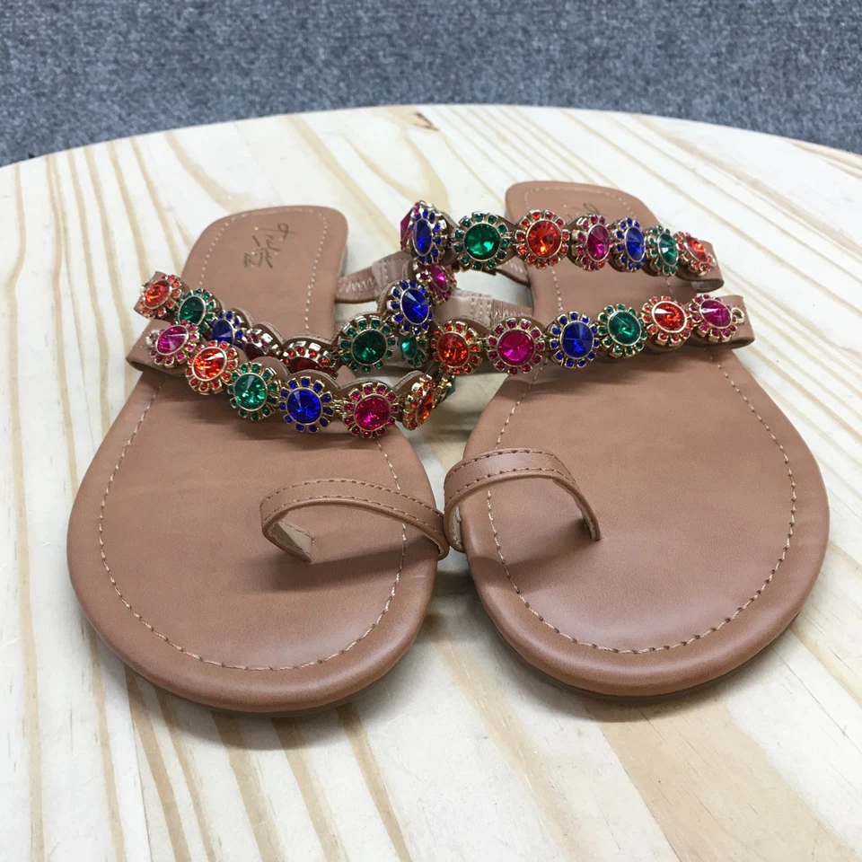 NUEVAS Sandalias Thalia Sodi Para Mujer 8.5 M Joya Estrás Puntera Lazo Planas Deslizables Marrón Foto 4 de 4