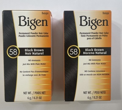 BIGEN, PERMANENT POWDER HAIR COLOR, 2 PACKS OF #58 BLACK BROWN, FREE SHIPPING
