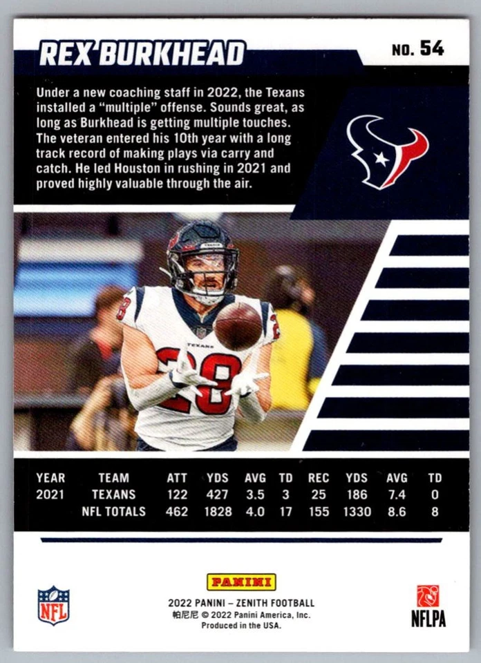 2022 Zenith Rex Burkhead Houston Texans #54 - Image 2 of 2