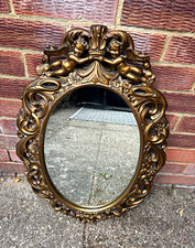 Baroque/Rococo Oval Wall Mirror Antique Gold Gilt Frame Cherubs 26x18in