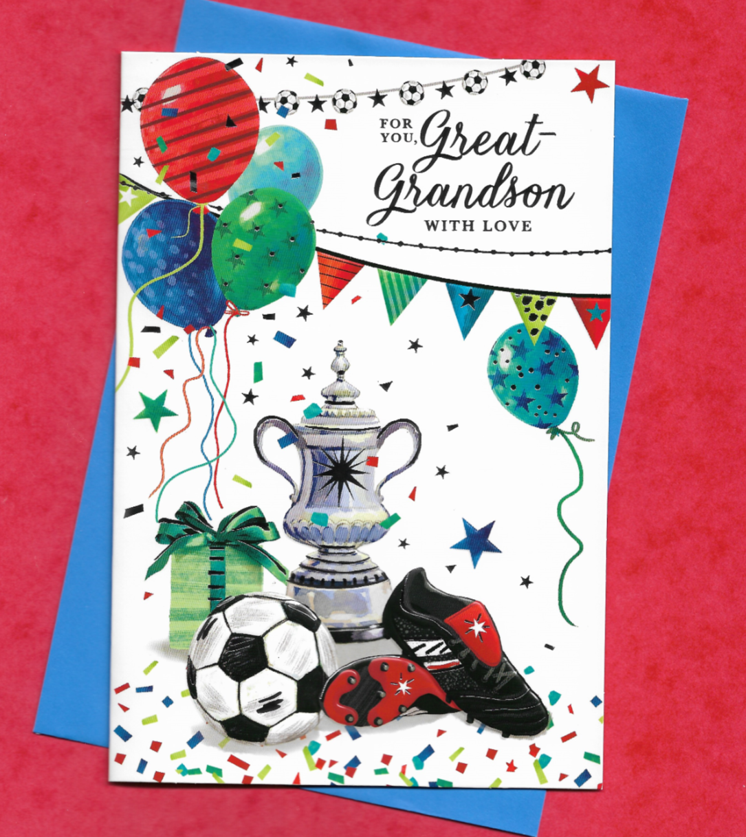 Great Grandson Birthday Card Football Soccer Trophy Boy Teenager Adult 19x13cm