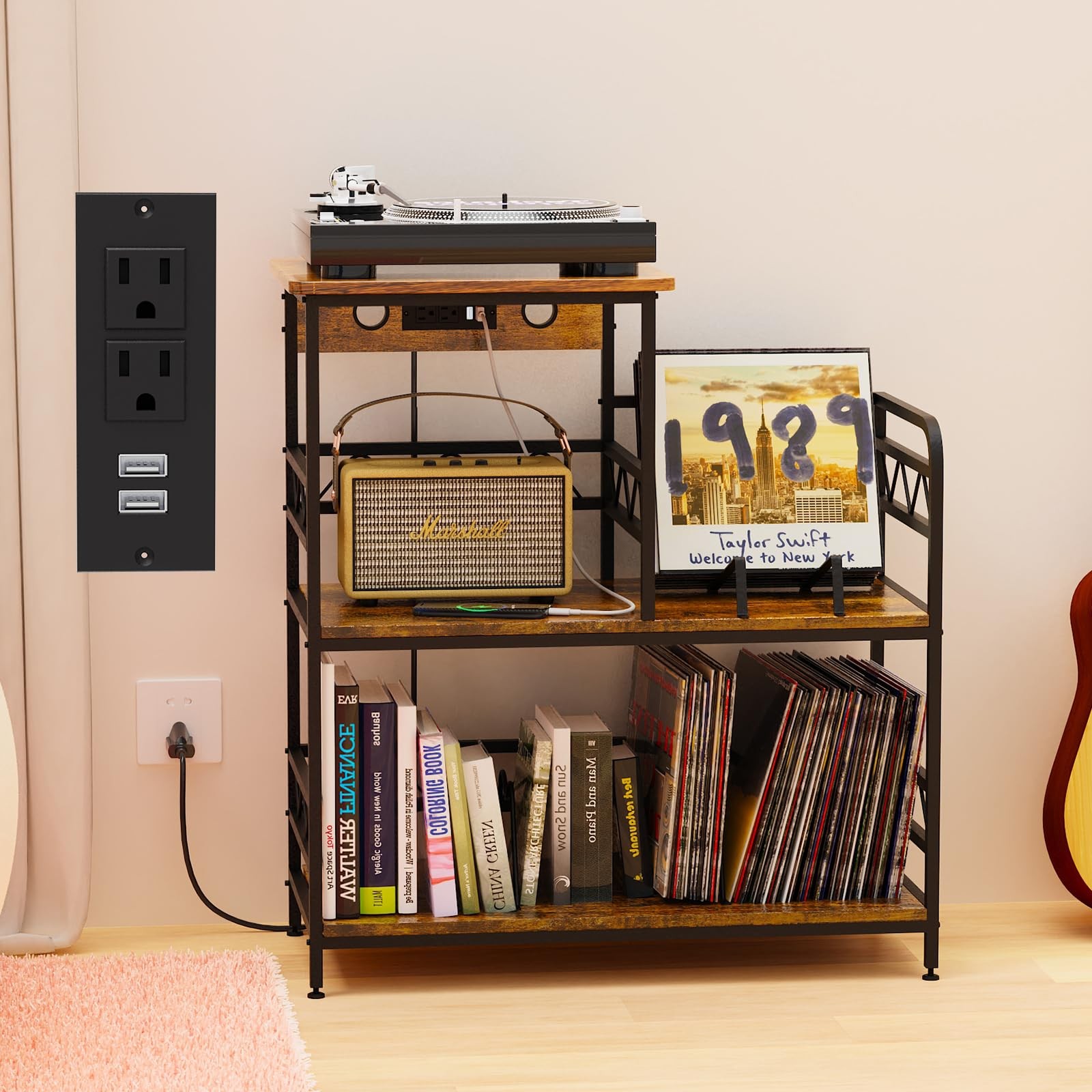 Vintage Record Player Stand with Charging Station and Vinyl Storage
