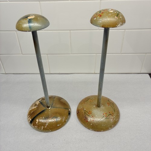Hat Stand Antique Painted Wood Wig Display Millinery Haberdashery Set/2