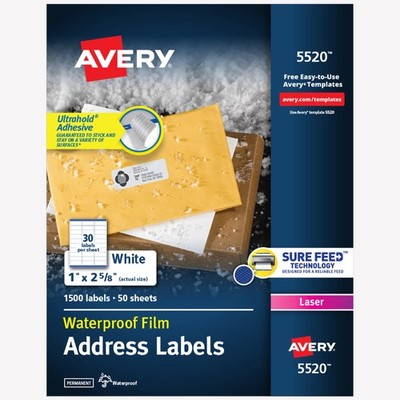 Avery Waterproof Address Labels, 1'' x 2-5/8'', White, 1,500ct (5520)