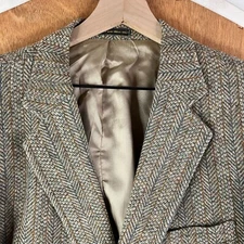VINTAGE Tweed Jacket Mens 44L Brown Herringbone Wool 2 Button Richman Brothers