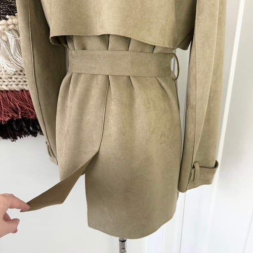 ZARA Faux Suede Short Double-Breasted Trench Coat Olive Green Sz XS - Picture 8 of 12