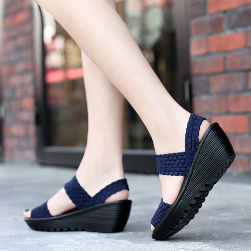 Damen-Sandale Sommer offene Peep Toe gewebt Ruhm Keilabsatz Komfort Mary Jane Schuhe - Bild 9 von 35