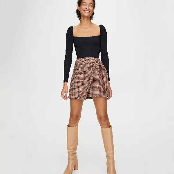 Brown check wrap mini clearance skirt