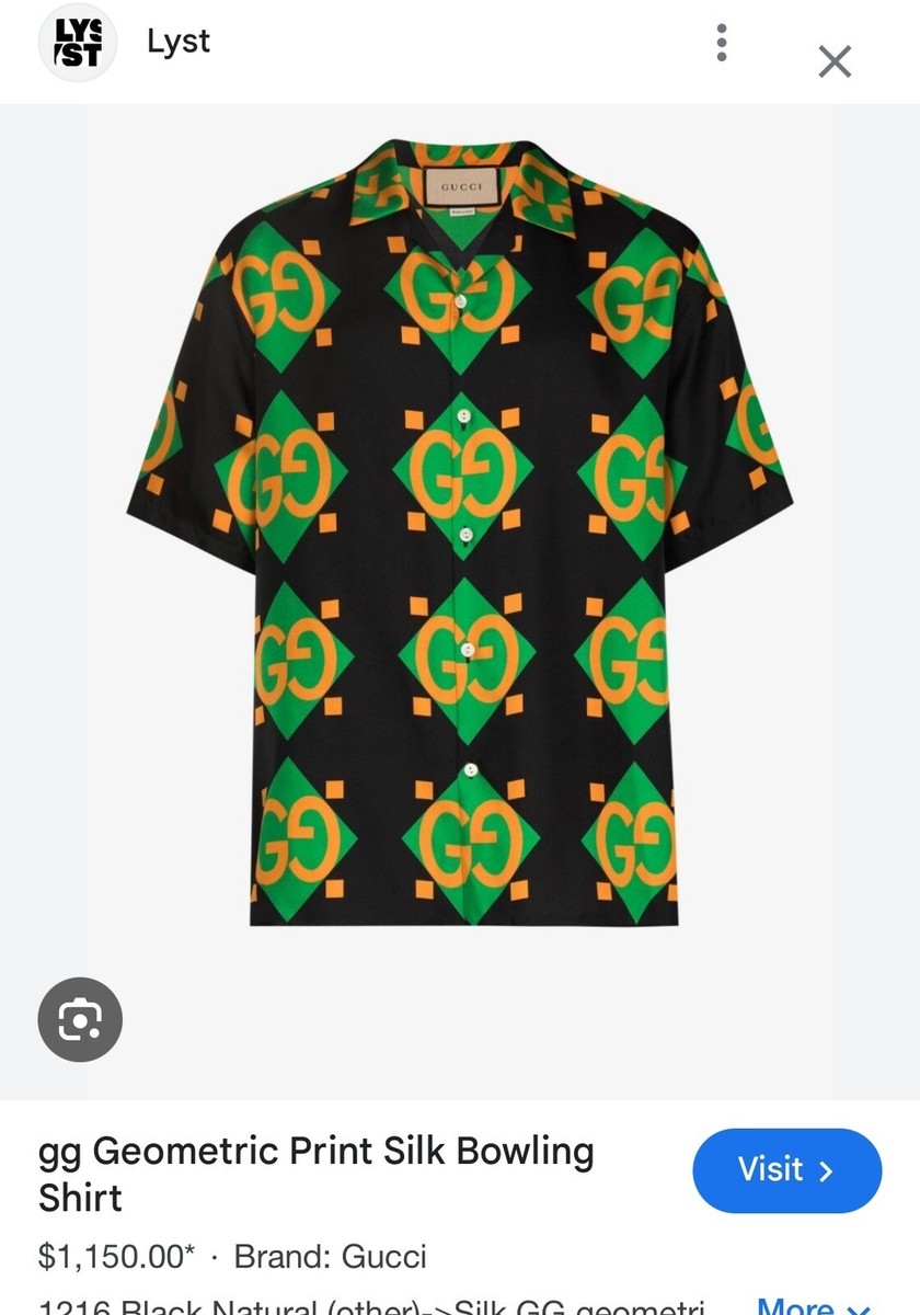Gucci GG Geometric Print Silk Bowling Shirt Green Gold Black Gucci GG Geometric Print Silk Bowling Shirt Green Gold Black